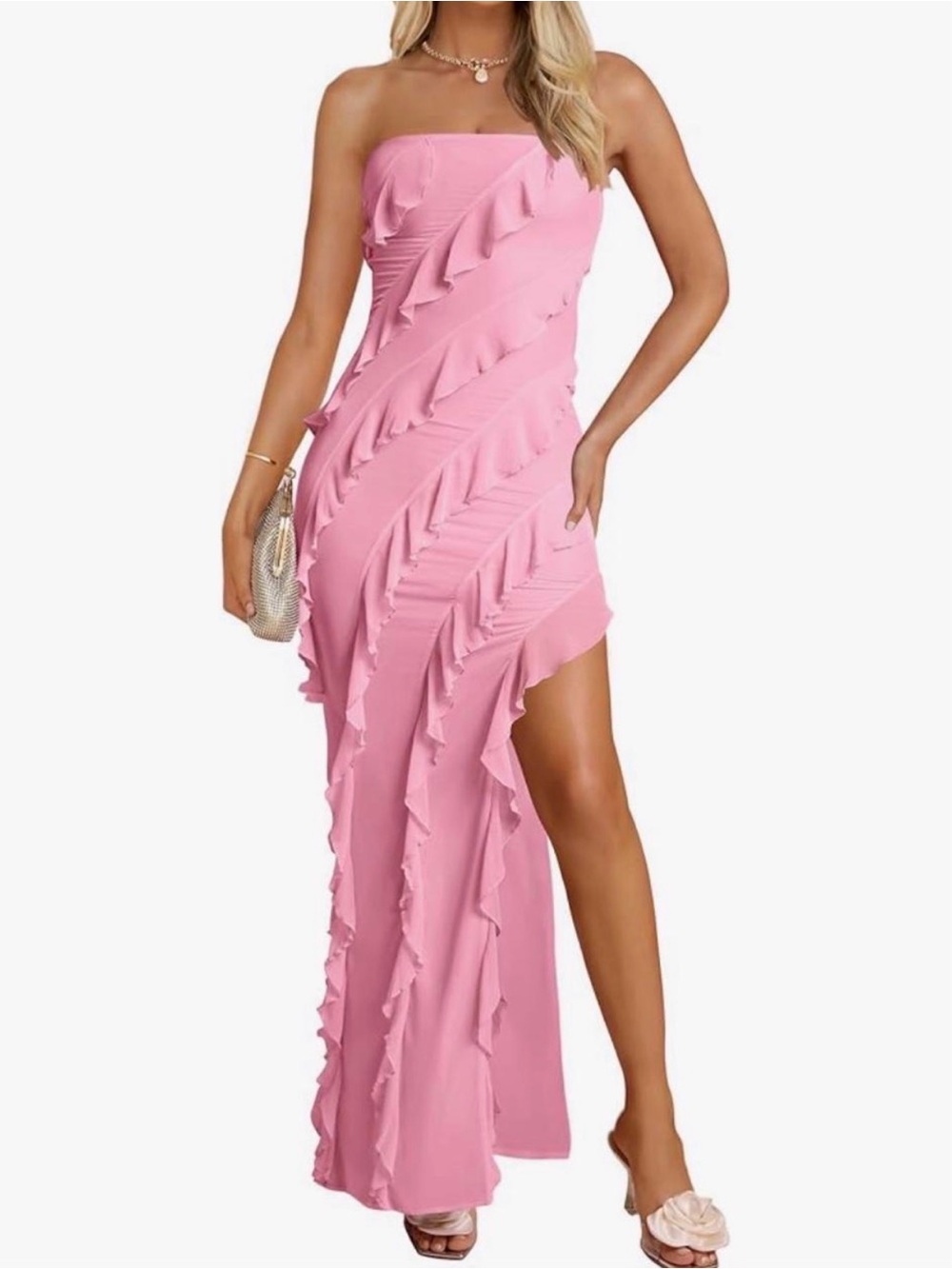 Amazon Strapless Pink Asymmetrical Ruffle Maxi Dress